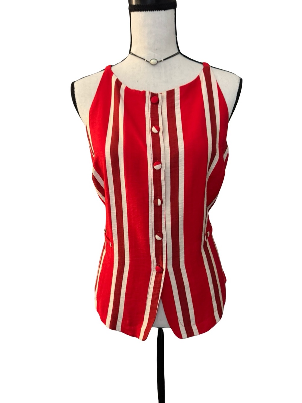 Lulumari Red White Stripe Vest Sleeveless Button Front Tie Back Women's Top M